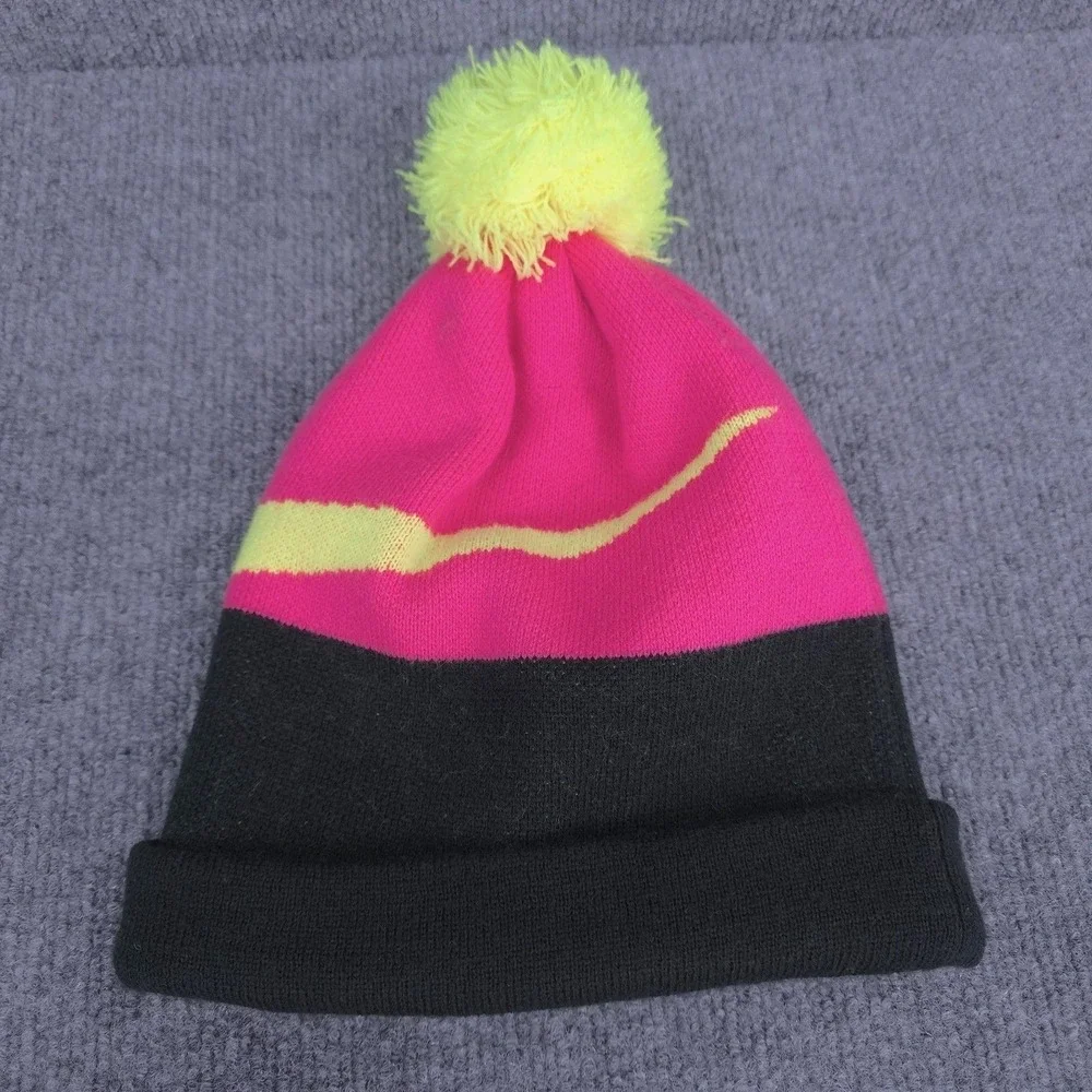 Nike Beanie Hat Girls Pink Black Big Swoosh Knit Pom Cuffed One Size Winter Ski‎